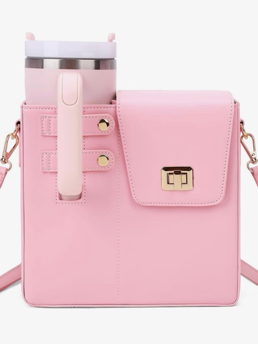 Pink Crossbody Bag with Stanley Cup Holder and Turn-Lock